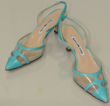 New MANOLO BLAHNIK Carolyne Turquoise Green Patent PVC Kitten Heels Shoes  37