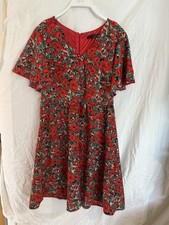 Tenki Red Floral Flutter Sleeve Dress UK 12 Fit & Flare Zip Back