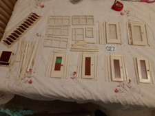Vintage wood dolls house wooden window door frames skirting boards & staircase