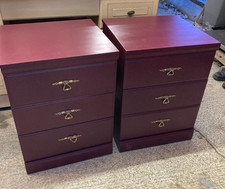 Dark Red Painted Bedside Cabinet Unit Table Chest 3 Drawers x 2