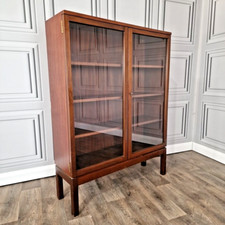 Retro Vintage Mid Century Air Ministry Wood Glass Teak Bookcase Cabinet Shelves