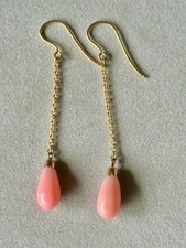 ANTIQUE EDWARDIAN / ART DECO 9ct GOLD  NATURAL CORAL LONG DROP EARRINGS 2.9g