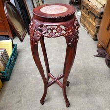 Vintage Tall Chinese Oriental Carved Rosewood Marble Top Console Plant Stand