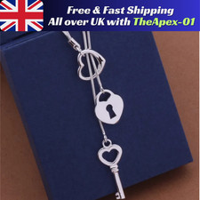 925 Sterling Silver  Elegant Heart, Key & Lock Necklace Eternity 45 cm 18 Inch .