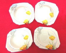 SHELLEY SQUARE DESSERT DISH ART DECO FLUTED REGENT YELLOW POPPY DESIGN SET of 4