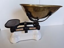 Vintage W&T Avery Kitchen Scales Large Scoop Pan Shop- Enamel, Cast Iron & Brass