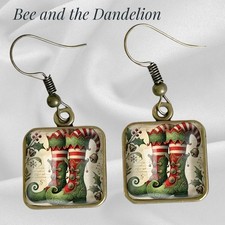 Christmas Elf Boots Glass Cabochon Bronze Tone Square Earrings Secret Santa Gift