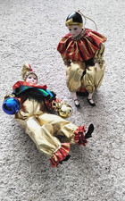 Vtg Porcelain Jester Clown Harlequin Dolls x2 Christmas Decoration Ornament Tree