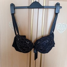 Silver And Black Push Up Padded Bra Adjustable Straps Satin Detail 36B