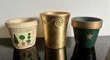 3 x Small Rustic Christmas Decoration Plant Pots Gold And Green