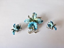 VINTAGE 30'S ART DECO  SET BROOCH& CLIP ONS ORCHID BLUE ENAMELLED & MARCASITE