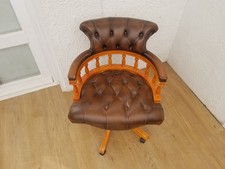 VINTAGE BROWN LEATHER YEW WOOD CHESTERFIELD CAPTAINS CHAIR Delivery poss.
