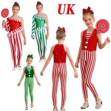 Kids Girls Candy Cane Costume Stripe Christmas Bodysuit Xmas Dancewear Jumpsuit