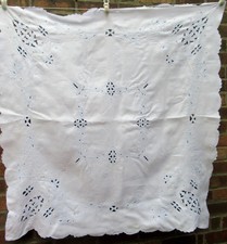 Vintage Square White Linen Tablecloth With Blue Broderie Anglais Design