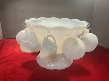 Vintage Anchor Hocking Milk Glass Punch Bowl Set 10 Cup Christmas New Year Party