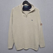 Fred Perry Jumper Mens Size M Beige Vintage 1/4 Zip Embroidered Mod Chunky Knit