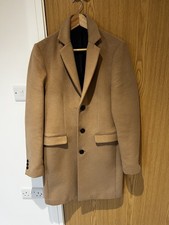 RIVER ISLAND Men's Camel Tan Long Button Up Overcoat Coat Smart Casual - SMALL
