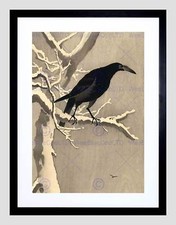 JAPAN NATURE CROW TREE SNOW SHOSON OHARA BLACK FRAMED ART PRINT B12X5130