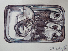 Original pen & ink wash drawing of a tin of sardines pilchards sprats fish