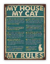 Funny Cat House Rules Aluminium Metal Wall Sign Pet Kitchen