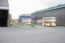 35mm BUS COLOUR SLIDE: LEICESTER CT 21 & 25 ON LOAN TO TWPTE @ BYKER DEPOT 1976