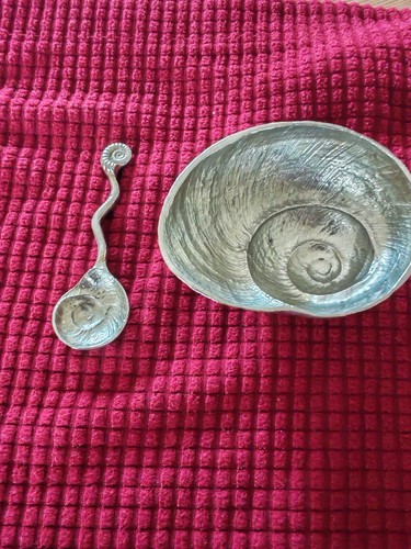 Pewter shell dish and amonite - pewter,