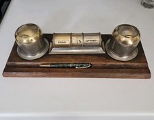 Vintage Art Deco Brass Perpetual Desk Calendar with Ink Wells Made in England 