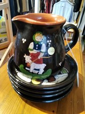 Vintage  Swiss Folk Art Pottery Hugo Kohler Biel 3" Jug and 4x5" Plates, Signed