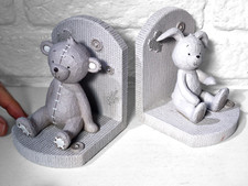 Rabbit & Bear Bookends, Resin with Knitted Look Design. Good Quality Book Ends