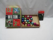 22 small vintage multi colour glass Christmas tree baubles in old Xmas card box