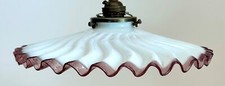 Vintage French opaline glass pleated coolie light shade maroon trim  + fittings