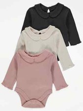 George Baby Girls Ribbed Bodysuits 3 PACK Traditional Long Sleeved Pink Collared