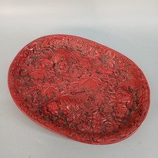 Vintage Carved Chinese Lacquer Wood Dish Floral Fruit Design Red Black -CP