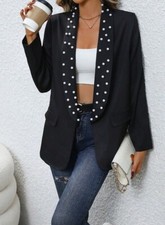 Jacket Faux Pearls Beaded Shawl Collar Open Front Size 12 14