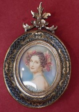 ANTIQUE HAND PAINTED MINIATURE AUGUSTE STROBL PORTRAIT GILDED WOODEN FRAME