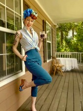 VIVIEN OF HOLLOWAY Teal Cotton Pedal Pushers Cropped Trousers