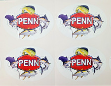 4 x PENN INTERNATIONAL   WATERPROOF VINYL FISHING STICKERs CARS, TACKLE BOXES