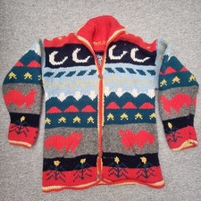 Vintage Pachamama 1980's Hand Knit Wool Cardigan XL 44" Ecuador Read Description