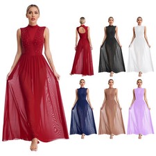 UK Women Lyrical Modern Dance Dress Sleeveless Flowy Mesh Tulle Maxi Long Skirts