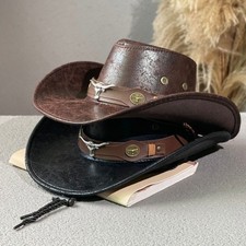 Vintage Western Cowboy Hat Men Women Travel Wide Brim Leather Cowgirl Sun Caps