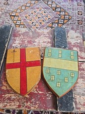 2 Vintage Distressed Rustic Wooden Heraldic  Shield Wall Hanging 