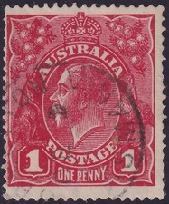 AUST KGV 1d RED SINGLE Wk. FLAW - DAMAGED LEFT FRAME. USED. (L591)