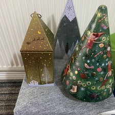 2 Empty M&S Light Up Biscuit Tins & Musical Turning Christmas Tree Decorations