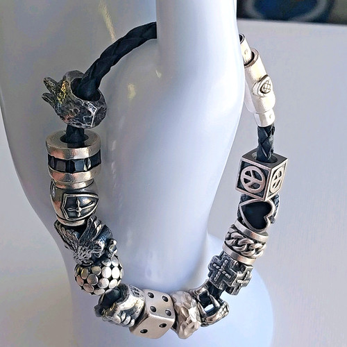 Heavy silver leather charm - leather,