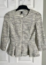 Firted H&M peplum smart casual tweed boucle zip up jacket blazer 3/4 sleeves UK8