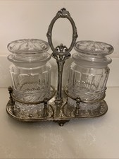 Vintage 1860 Silver Plated Holder  & Glass Condiment Or Preserve Jar Set 50A