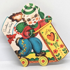 Vintage 1940's Puppy Dog Riding Scooter Christmas Used Greeting Card (EB8657)