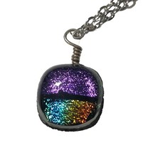 Dichroic Glass Pendant New Stainless Steel 18” Chain Purple Over Rainbow Colors