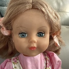 Vintage 1960s 24” Talking Doll blonde moving blue eyes dress pinafore. 