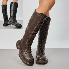 Biker Boots Ladies Shoes Mid Calf Lace Up Punk Goth Winter Zip Casual Womens Siz